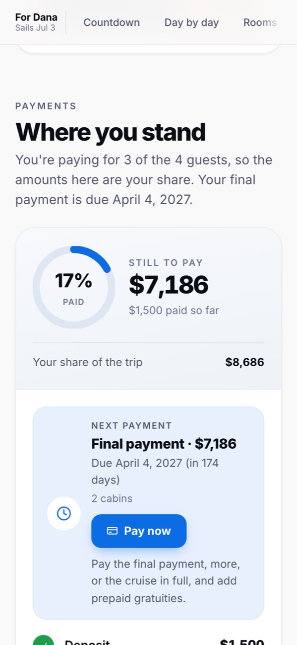 The payments section of a sample trip page, showing one person's share, what is paid, and the next payment.